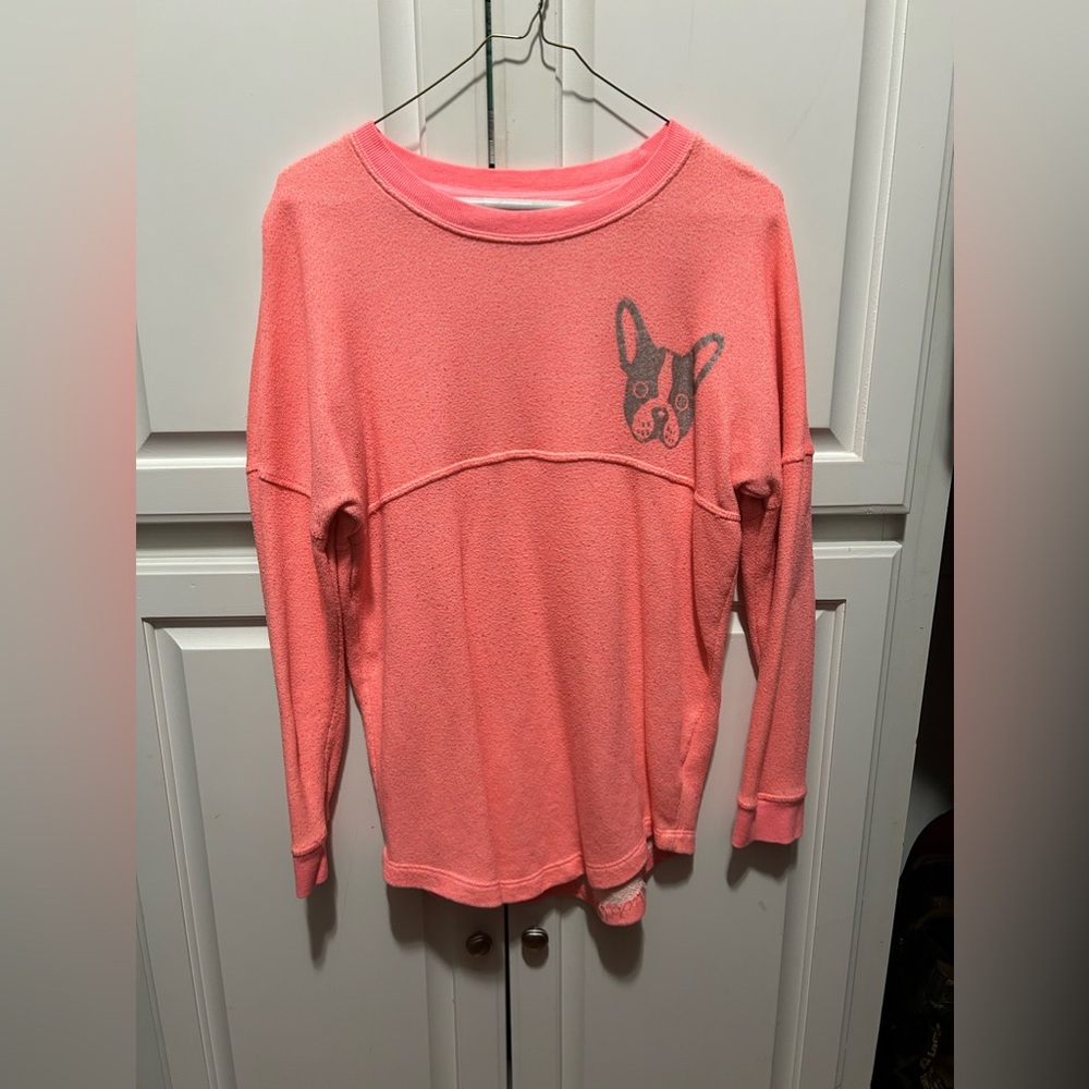Pink long sleeve sweater. Frenchie dog on front. “BONJOUR” on back.